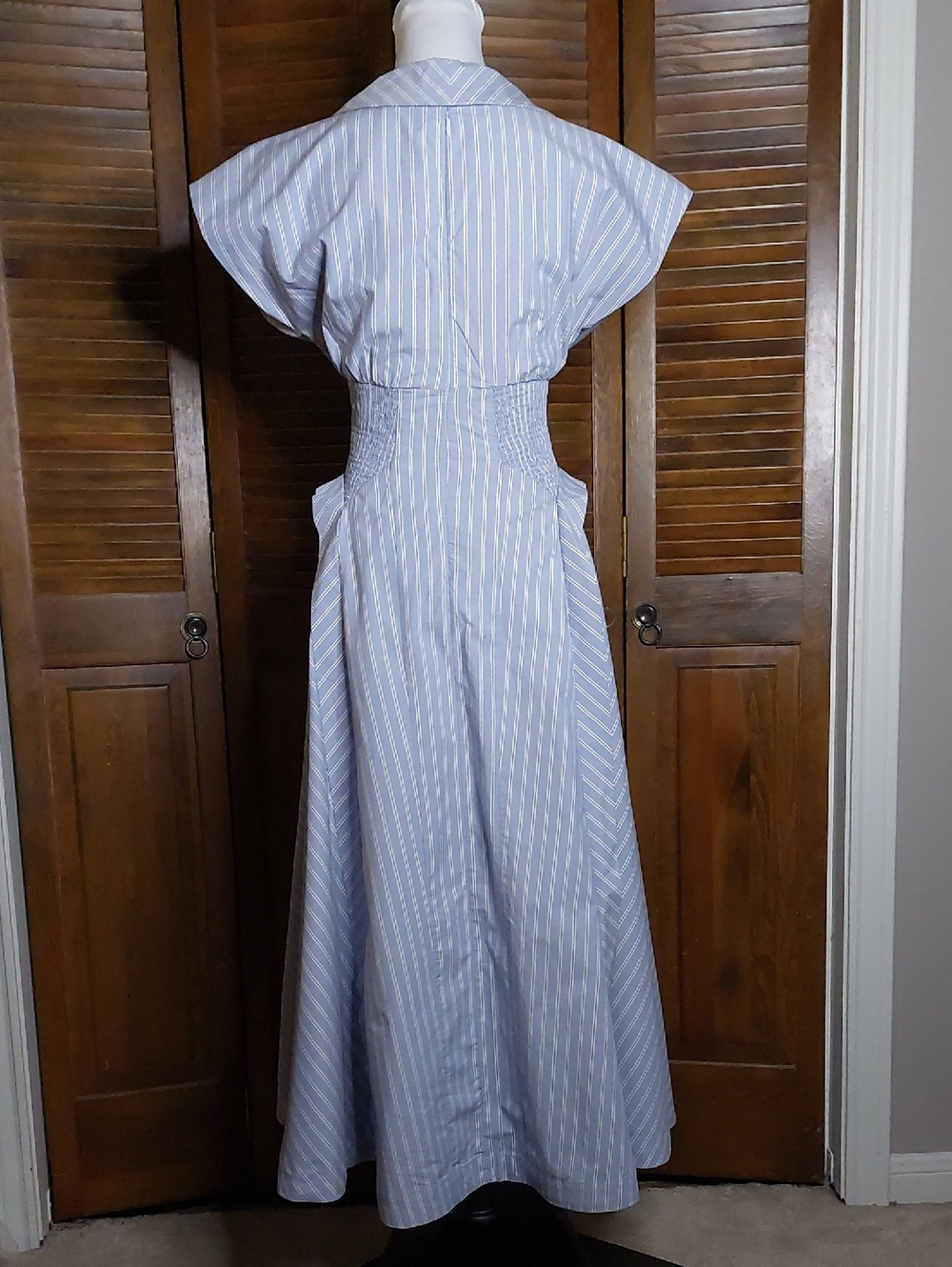 Anthropologie Short-Sleeve V-Neck Pleated Blue White Stripe Midi Dress Sz XS - Picture 8 of 17